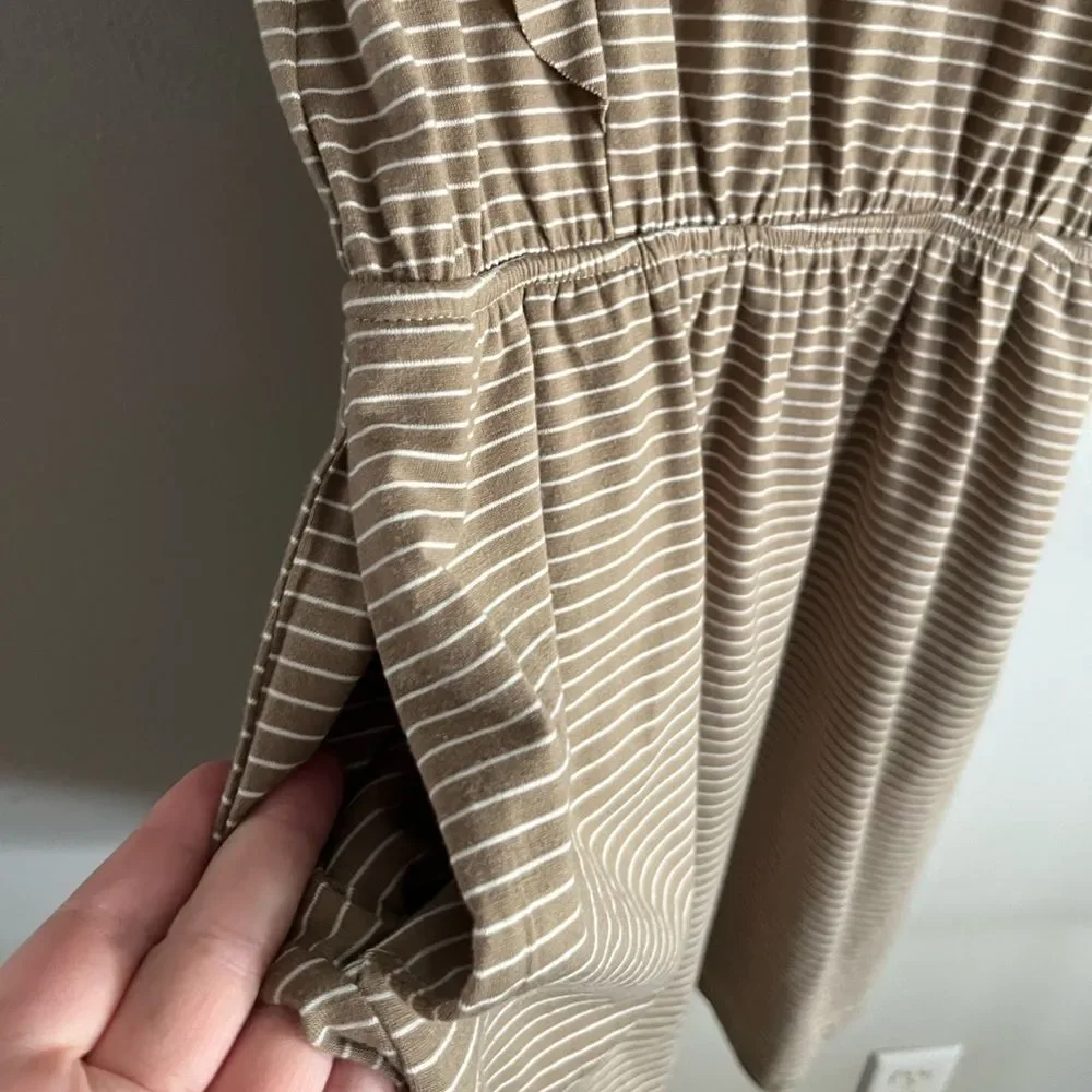 Doe & Rae Striped Ruffle Sleeve Mini Dress Tan White Short Sleeve Pockets S